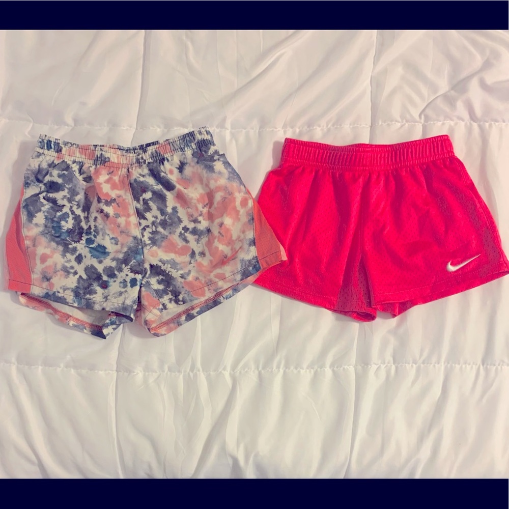 TWO EUC NIKE Little Girls Athletic Shorts Pink Blue Tie Dye 6 6X Lined Mesh